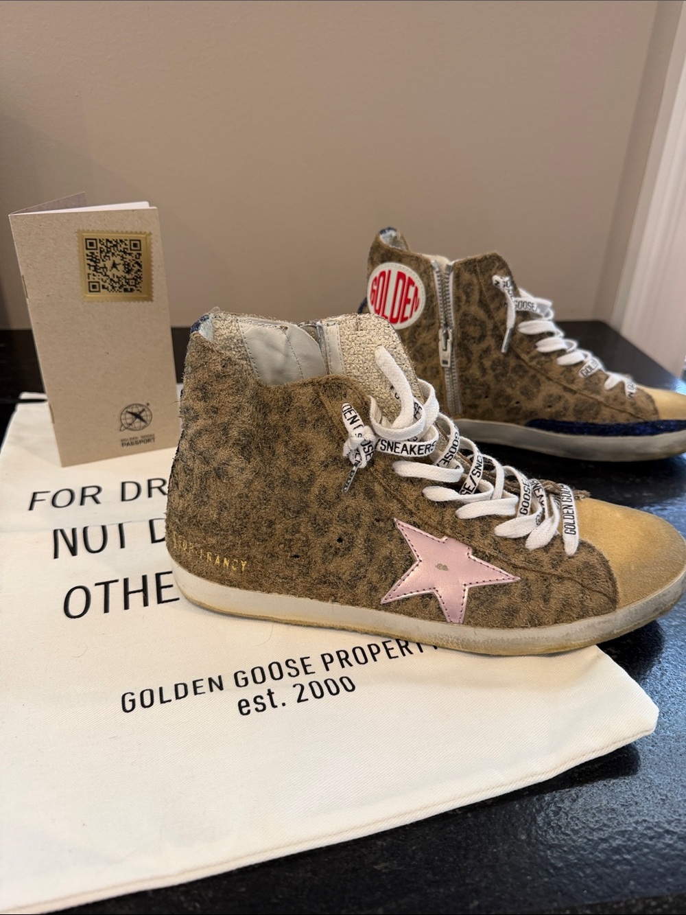 Golden Goose Leopard Print Suede High-Tops with Pink Star and navy sequin detail